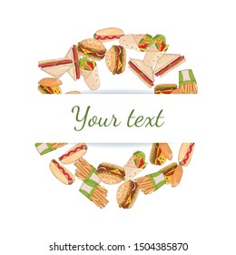 Card with a vector image of a fast food in the form of a circle on a white background.