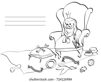 card vector outline in lines comic dog in armchair with crown surrounded by dog toys, ball, goose, torus, bowls, cushions for a canine toy store or a veterinarian black in white background