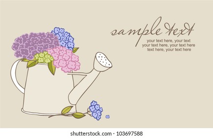 card with vector stylized hydrangeas in watering can