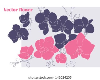 card with vector stylized pink and blue orchids. Stylized orchid branch design. Vector illustration