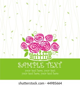 card with vector stylized roses in basket