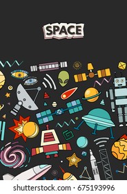  Card vector template illustration of space. Moon, planet, rocket, earth, cosmonaut, comet universe Classification milky way cosmos
