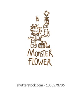 Card and Venus flytrap  Monster plant print  Comic drawing  predatory flower  Vector doodle image 
