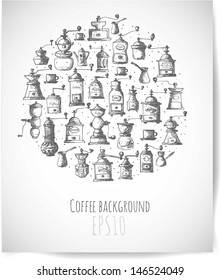 Card with vintage coffee mills. Coffee background. Vector illustration.
