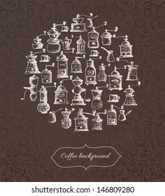 Card with vintage coffee mills on stylish brown background. Vector illustration. 