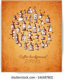 Card with vintage coffee mills. Vector illustration.