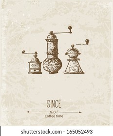 Card with vintage coffee mills. Vector illustration. 