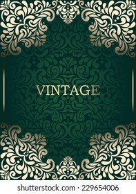 Card with Vintage golden frame on  seamless Ornamental background in green