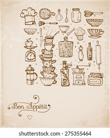 Card with vintage kitchen utensils hand-drawn with ink. Vector illustration. 