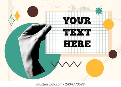 Card in vintage new nostalgia collage style. Paper halftone hand holding paper with copy space. Retro vector pop art design.