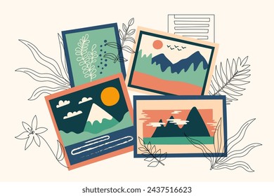 Card in vintage new nostalgia collage style. Postcards and botanical elements. Retro vector illustration in flat style.