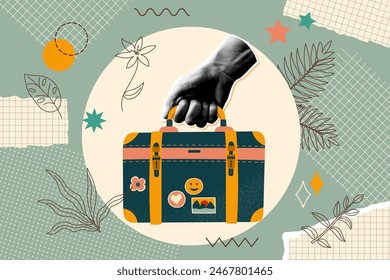 Card in vintage new nostalgia collage style. Travel concept. Paper halftone hand holding suitcase. Retro vector pop art design.