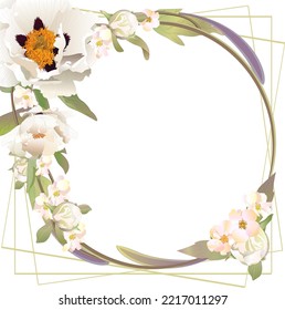 card in vintage style with woody white peonies and delicate pink flowers