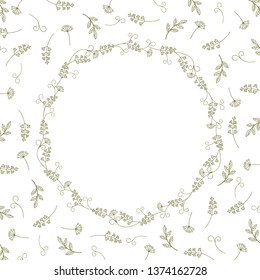 Card with vintage wreath on a background of branches, leaves and antennae.Vintage vector pattern.