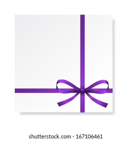 Card with violet gift bow with ribbons, vector