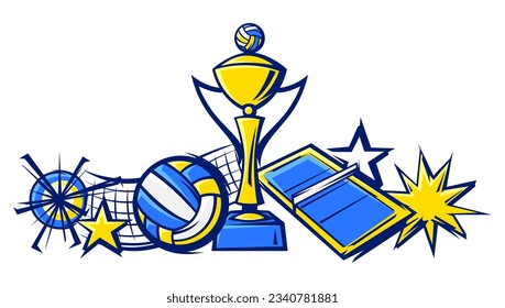 Card with volleyball items. Sport club illustration.