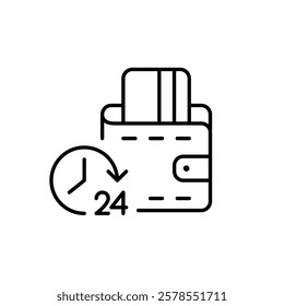 Card in wallet and 24 hours symbol. Round the clock payment and financial services. Pixel perfect vector icon