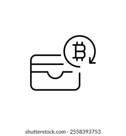 Card wallet, bitcoin and renew arrow. Secure crypto deposit, account top up. Pixel perfect vector icon