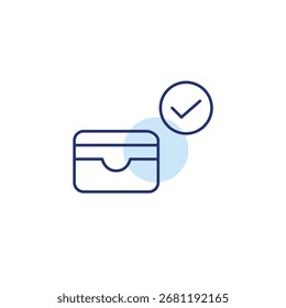 Carteira de cartão e marca de seleção. Transações, pagamentos e finanças seguras aprovadas. Pixel perfeito, ícone de vetor de traçado editável