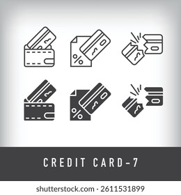 Card wallet, credit card fee percentage and broken credit card design. Simple linear and flat credit card icon set.