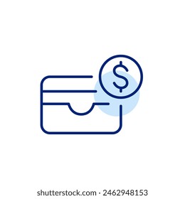 Karte Geldbörse und Dollar. Spesenverfolgung, Online-Bezahlung und mobiles Einkaufen. Pixel perfektes, bearbeitbares Strichsymbol