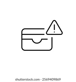 Card wallet and exclamation mark in triangle. Urgent financial transaction notification. Credit card and account data protection. Pixel perfect vector icon