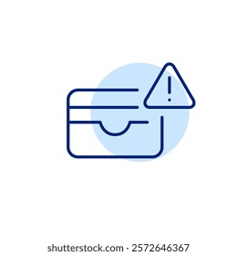 Card wallet and exclamation mark in triangle. Urgent financial transaction notification. Credit card and account data protection. Pixel perfect, editable stroke icon