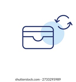 Card wallet and refresh arrows. Finance refresh, digital payment cycle, account renewal. Pixel perfect, editable stroke vector icon