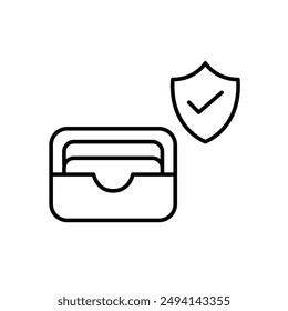 Card wallet, shield and checkmark. E-wallet safety, protected payment methods. Pixel perfect vector icon