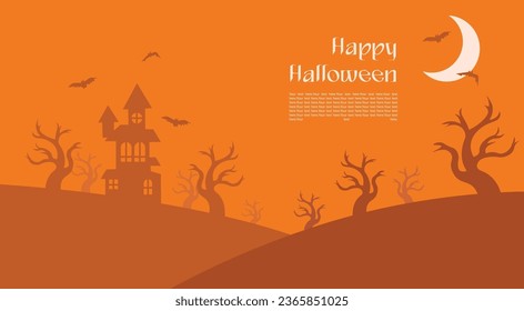 Card in warm autumn orange colors for Halloween with congratulations and place for text. Postcard in flat cartoon style with scary trees, house, moon and bats
