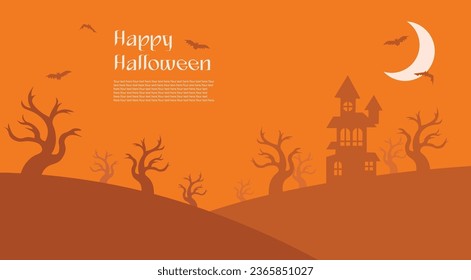 Card in warm autumn orange colors for Halloween with congratulations and place for text. Postcard in flat cartoon style with scary trees, house, moon and bats
