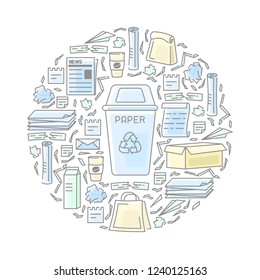 Card with waste paper and trashcan. Contour and fill style vector illustration