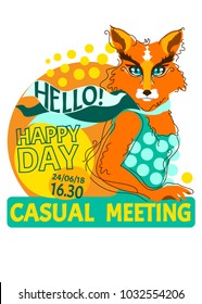 The card watches an animal. Fashionable fox on the poster in style pop art. Orange background. Vector illustration.