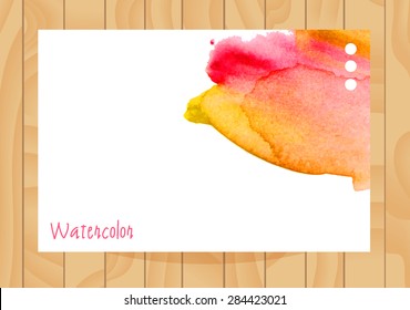 Card with watercolor background on a wooden texture. Place for text Can be used for business cards, banners, invitations, etc 