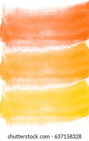 Card with watercolor blots. Yellow and orange colors. Painting for your design. Abstract bright textured backdrop. Vector illustration. Hand painted texture for banner, logo, invitation, postcard.