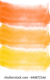 Card with watercolor blots. Yellow, orange and red colors. Painting for your design. Abstract bright textured backdrop. Vector illustration. Hand painted texture for banner, logo, invitation, postcard
