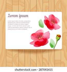 Card with watercolor poppies. Vector illustration. Wooden texture