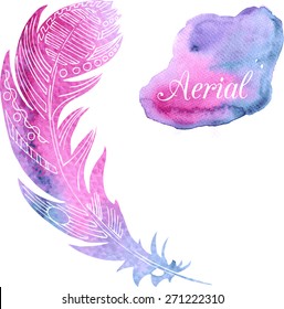 card with watercolor silhouette decorative feather, hand drawn vector illustration