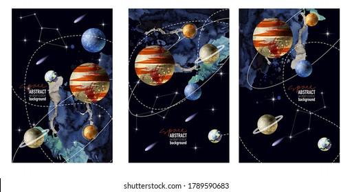 Card With Watercolor  Space And Planets. Abstract Vector Background.