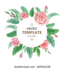 Card, Watercolor wedding invitation design with flower, bud and leaves. Hand painted floral elements. Template. Frame, Pastel color.
