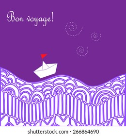 Card with waves, ship and text "Happy journey" in french "Bon voyage".