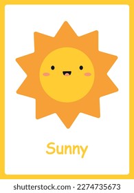 Tarjeta con elementos meteorológicos. Sol de dibujos animados. Tarjetas infantiles para el aprendizaje. Ilustración vectorial.