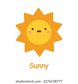 Card with weather elements. Cute cartoon sun. Childrens cards for learning. Vector illustration