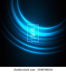 Card or web banner backdrop with bright light neon curve, blue luminosity light with frame and neon text, dark blue