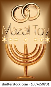 Card for the wedding ceremony of the orthodox Judaist with gold rinds, congratulation Mazal Tov, Menorah
