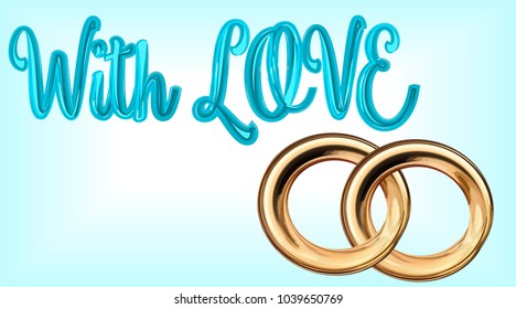 card wedding greeting with two gold rings and an inscription with love, vector isolated on a blue background,