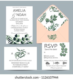 Card for wedding invitation. Illustration with eucalyptus, succulent leaves.