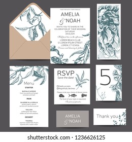 Card for wedding invitation. Illustration with leaves, branches.