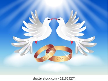 Card with wedding rings and two doves in the sky