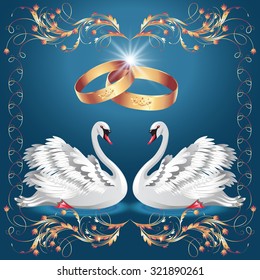Card with wedding rings and two swans in ornament frame